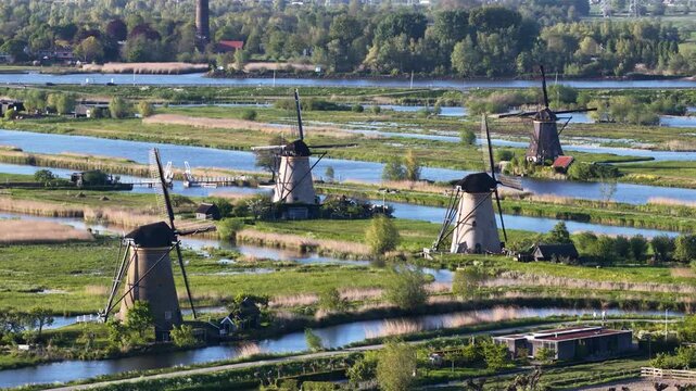 Traditional dutch windmills at kinderdijk world heritage site