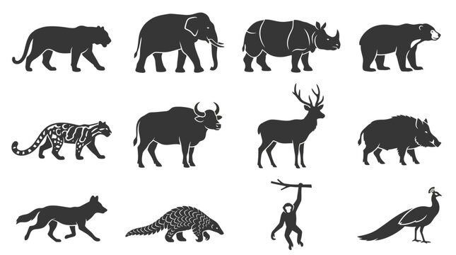 Flat silhouette vector icon set of Asian wild animals  Bengal tiger  Asian elephant  Indian rhinoceros  sun bear  clouded leopard  gaur  sambar deer  wild boar  dhole  pangolin  gibbon  peafowl folded
