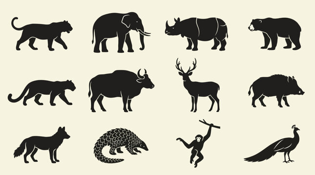 Flat silhouette vector icon set of Asian wild animals  Bengal tiger  Asian elephant  Indian rhinoceros  sun bear  clouded leopard  gaur  sambar deer  wild boar  dhole  pangolin  gibbon  peafowl folded
