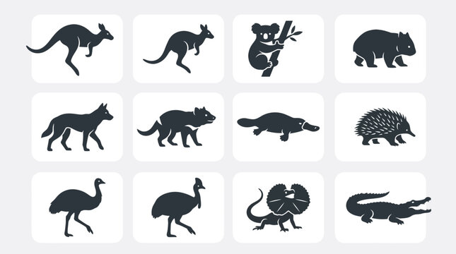 Flat silhouette vector icon set of Australian animals  kangaroo  wallaby  koala  wombat  dingo  tasmanian devil  platypus  echidna  emu  cassowary  frilled lizard  saltwater crocodile
