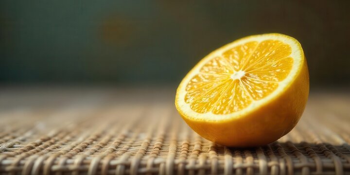 A zesty half of citrus fruit rests on a woven surface, bathed in warm, inviting light