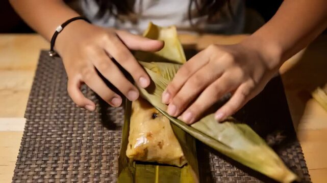 Approaching hands wearing bracelet wrapping food parcel in banana leaves at table, securing seam