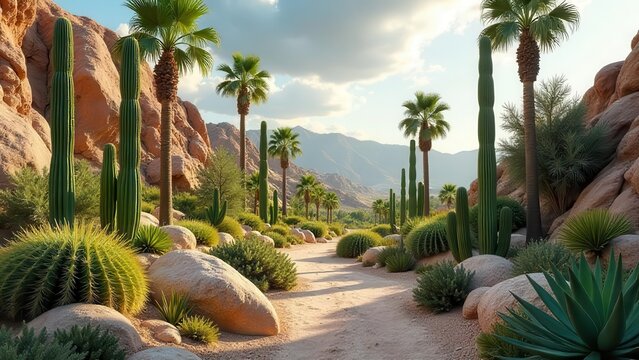 Serene Desert Oasis Pathway A Picturesque Landscape of Towering Cacti and Lush Palm Trees