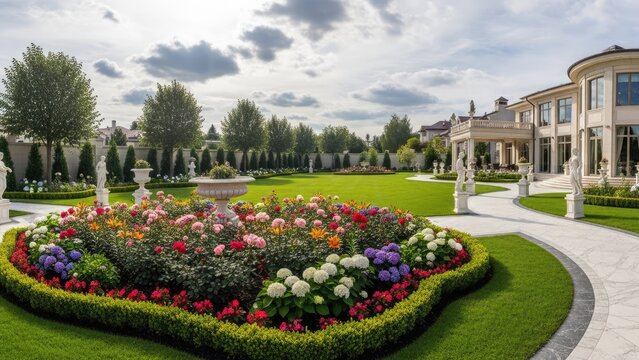 luxury garden estate with vibrant floral parterre and symmetrical landscaping in spring