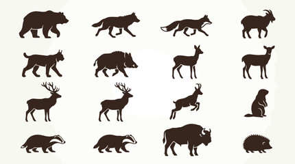 Naklejka premium Flat silhouette icon set of European wild animals brown bear gray wolf red fox Eurasian lynx wild boar roe deer red deer chamois marmot badger European bison hedgehog