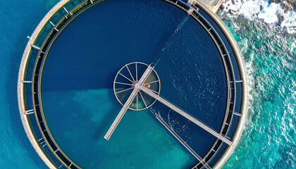 Stunning aerial perspective of a circular industrial water plant by the turquoise sea. A perfect metaphor for sustainability, blue economy, and modern marine engineering solutions.