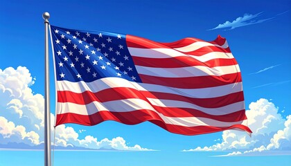 Obraz premium Waving american flag against a dramatic blue sky with clouds united states stars and stripes national emblem patriotism government republic
