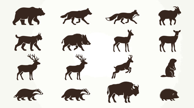 Flat silhouette icon set of European wild animals  brown bear  gray wolf  red fox  Eurasian lynx  wild boar  roe deer  red deer  chamois  marmot  badger  European bison  hedgehog
