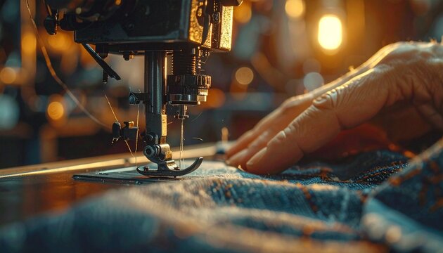 A person sews fabric with a machine indoors during daytime.