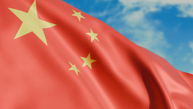 Chinese flag waving in wind close up, against the background of the sky with clouds, realistic render