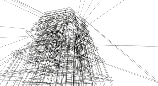 Architectural wireframe sketch of a modern multi story building