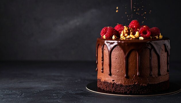 Decadent chocolate drip cake topped with fresh raspberries and nuts on a dark
