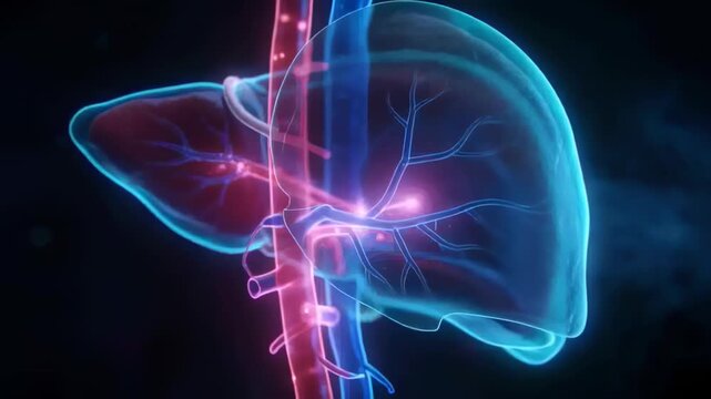 Camera orbiting liver model in CG, revealing gallbladder and vessels, mapping flow paths