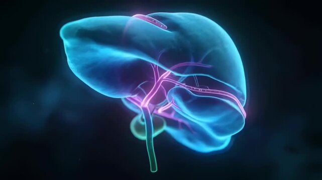 Playing 3D liver rotating from right to rear view in studio, showing gallbladder and biliary tree