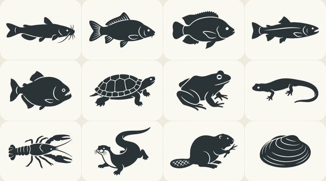 Flat silhouette vector icon set of freshwater animals  catfish  carp  tilapia  trout  piranha  freshwater turtle  frog  salamander  crayfish  river otter  beaver  freshwater mussel