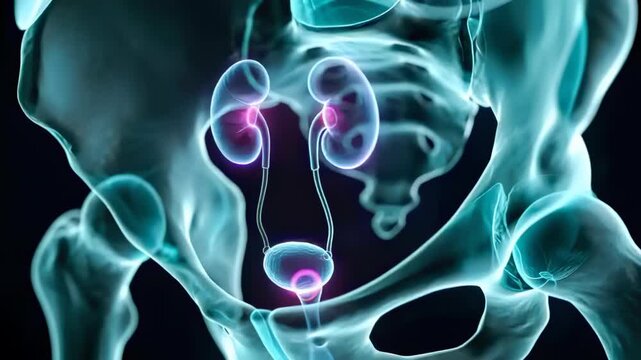 Starting 3D pelvic model in studio pulsing kidneys and bladder tracing ureters showing renal path