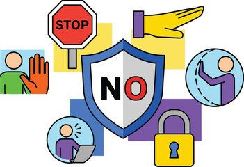 Obraz premium Cybersecurity Shield with No Symbol, Stop Sign, Padlock, and Hand Gestures