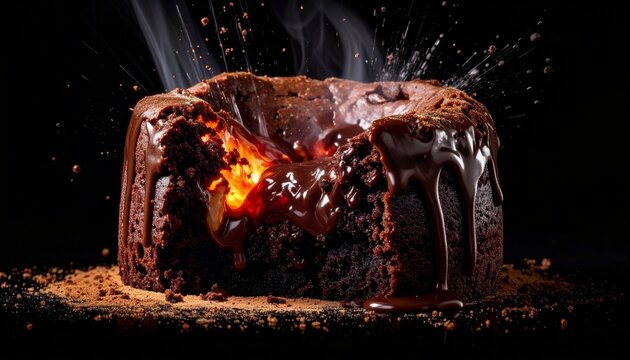 Molten chocolate lava cake exploding with heat and smoke, dark background