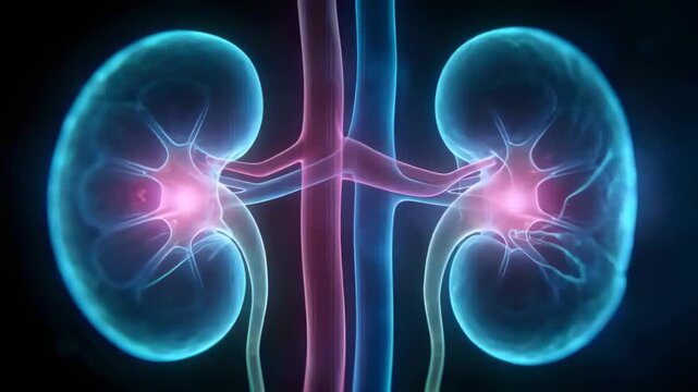 Camera rotating, kidney pair shifting and pulsing to highlight hilum, vessels in medical 3D space