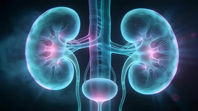 Clip starting pulsing bilateral kidneys rotating in studio to reveal renal hilum glow and calyces