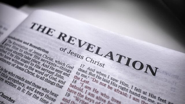 Book of revelation bible text macro moving camera scripture christian faith apocalyptic message spiritual religion background concept