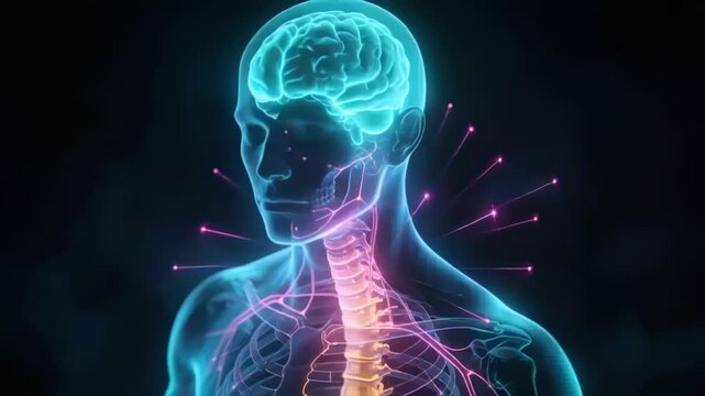 Sequence starting rotating bust pulsing brain and spine in studio showing magenta nodes pulsing
