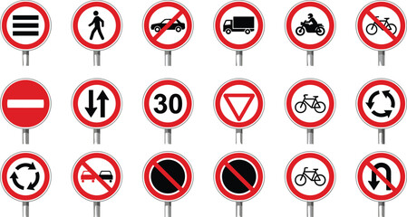 Traffic Restriction and Prohibition Sign Set Featuring No Entry, Speed Limits, Turn Restrictions, and Vehicle Access Denial for Road Safety and Navigation Design Projects © tofajjol studio