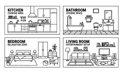 Naklejka premium Minimal house interior outline banner set with kitchen bathroom bedroom and living room scenes for digital layouts