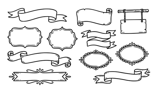 Hand drawn doodle empty banner set with ribbon scroll sign frames isolated on white background for labels and design