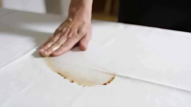 Entering hand pressing, rubbing brown stain on white cloth at table, blotting spill, dark sleeve