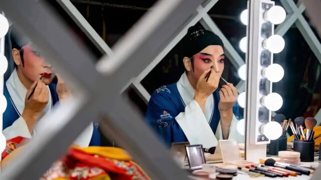 Cueing performer in embroidered robe and black cap applying dramatic stage makeup at vanity mirror