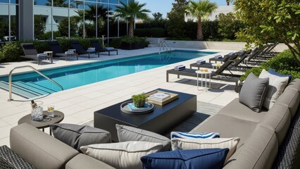 Fototapeta premium modern luxury rooftop pool lounge with city skyline view summer vacation