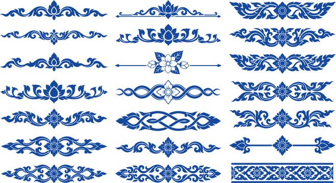 Large Collection of Thin Blue Floral Line Dividers and Decorative Borders