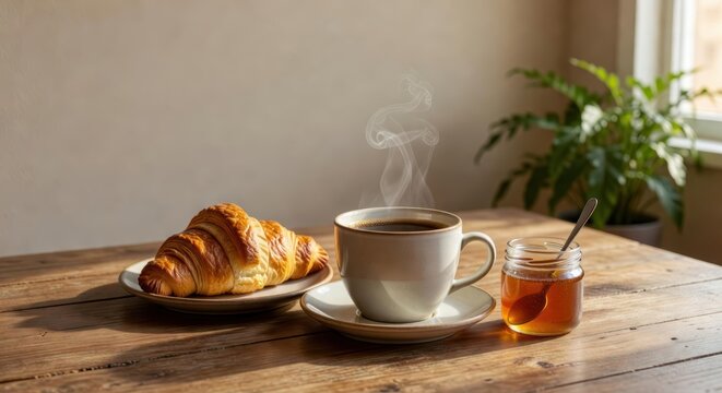 Coffee cup sits on wooden table with croissant and honey in morning light