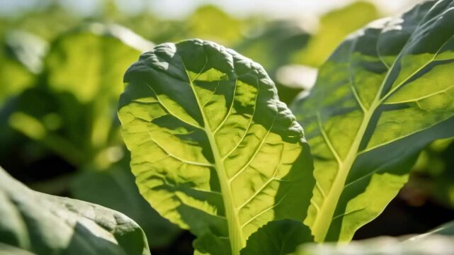 Swaying central leafy green plant showing backlit veins in planted row under sunlight and breeze