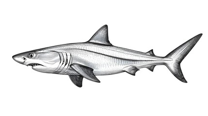 Fototapeta premium Detailed black and white illustration of a shark, showcasing its powerful form and distinct features with a predatory essence