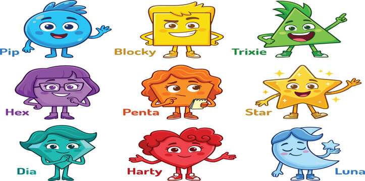 Educational Cute Geometric Shape Character Mascot Set for Kids with Circle Square Triangle Hexagon Star Heart Moon