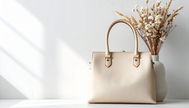 A beige leather handbag sits on a white surface next to a vase with dried flowers.