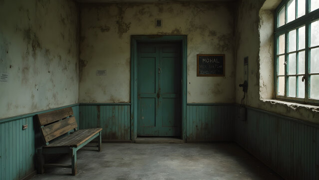 Old door to psychiatric ward. Vintage psychiatric hospital entry. Forgotten mental health facility. Closed mental institution entrance.