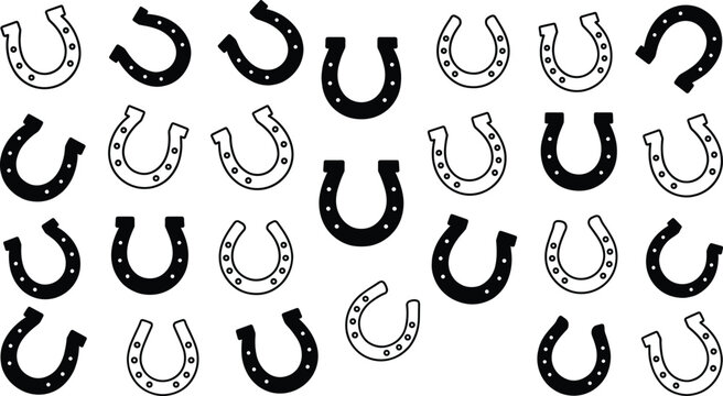 Horseshoe Icon Set with Lucky Fortune Symbols in Random Layout Black and White Silhouettes for Western Farm Good Luck Design Collection
