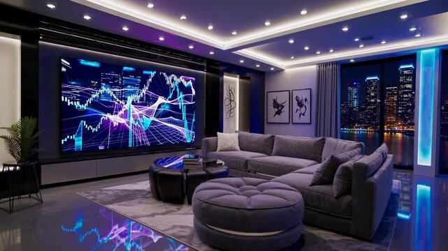 Modern living room with digital art display. Sleek design features vibrant graphics on wall. Evening city skyline creates relaxed atmosphere. Perfect for upscale real estate or interior design.