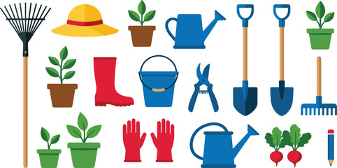 Professional Gardening Tool Set with Shovel Rake Watering Can Potted Plants and Gloves for Backyard Horticulture and Farm Equipment Design Elements © MstRuna