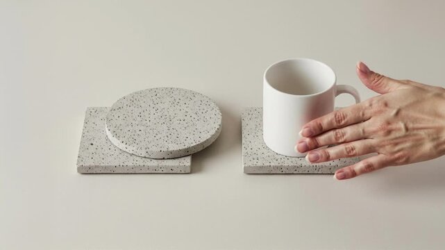 Stack of minimalist concrete coasters and a ceramic cup on a neutral surface, modern home decor concept, simple lifestyle, minimal design.