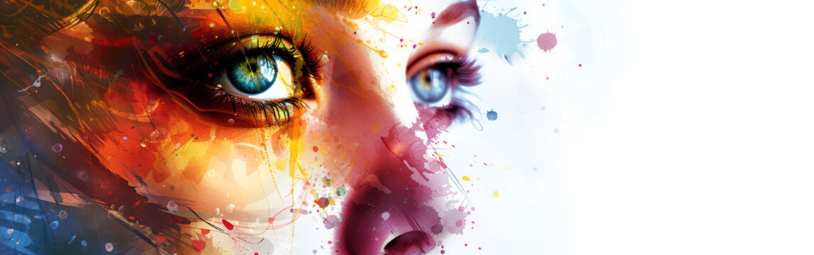 closeup green eye with vibrant abstract paint splatter art