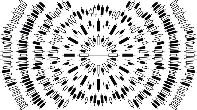 Radial Candlestick Chart Pattern with Bullish and Bearish Trading Icons for Stock Market Visualization, Financial Data Analysis and Investment Graphics