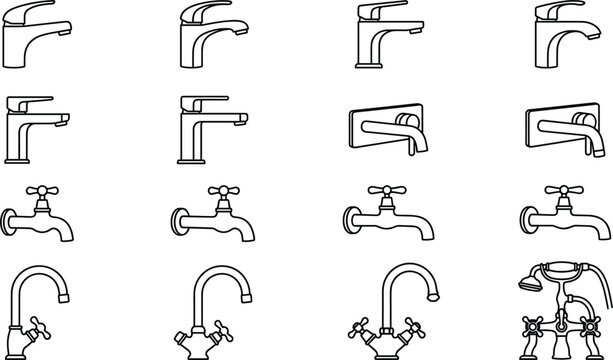 Modern and vintage water faucet line icon set featuring bathroom sinks kitchen taps and shower fixtures for plumbing service design