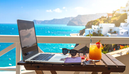 Obraz premium Remote work paradise a laptop and cocktail on a balcony overlooking a bright turquoise sea. Ideal for themes of travel, freedom, digital nomadism, and Mediterranean summer vacations.