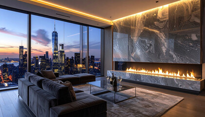Naklejka premium A lavish penthouse living room featuring a sleek linear fireplace, marble accents, and plush seating overlooking a breathtaking city skyline at dusk. Ideal for luxury lifestyle themes.