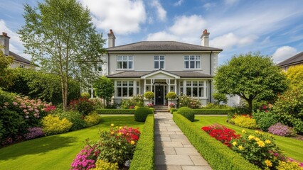 Obraz premium elegant english country manor house with vibrant flower garden and summer sky