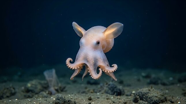 Underwater Dumbo Octopus, a Whimsical Cephalopod with Ear-like Fins, Floats in Deep Blue Sea